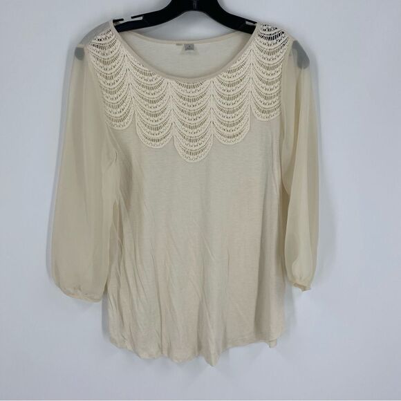 Women’s Round Neck Sheer Balloon 3/4 Sleeve Ivory Blouse size M - Picture 1 of 3